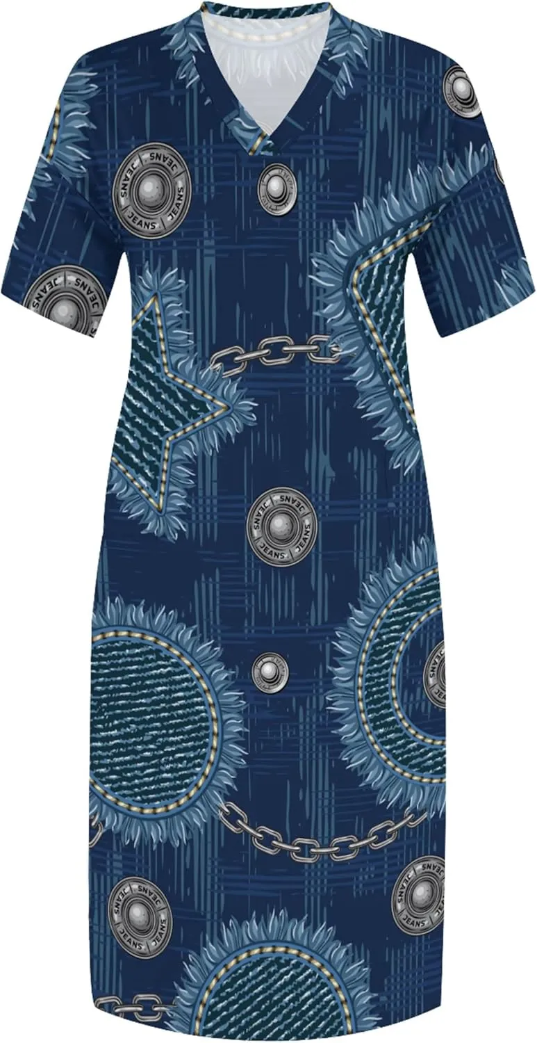 Womens Plus Size Denim 3D Print Fashion Maxi Dresses Casual Soft Tshirt Dress