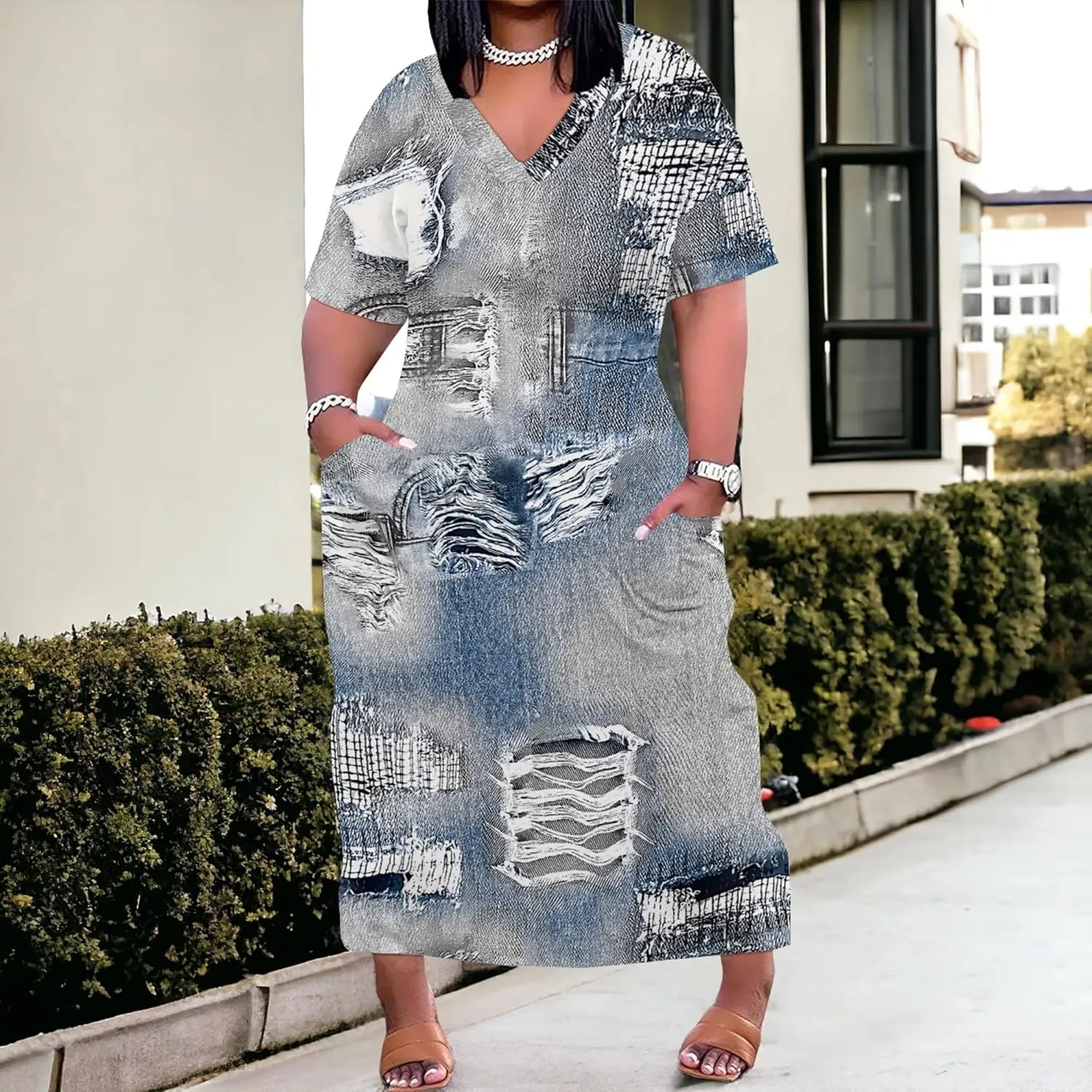 Womens Plus Size Denim 3D Print Fashion Maxi Dresses Casual Soft Tshirt Dress
