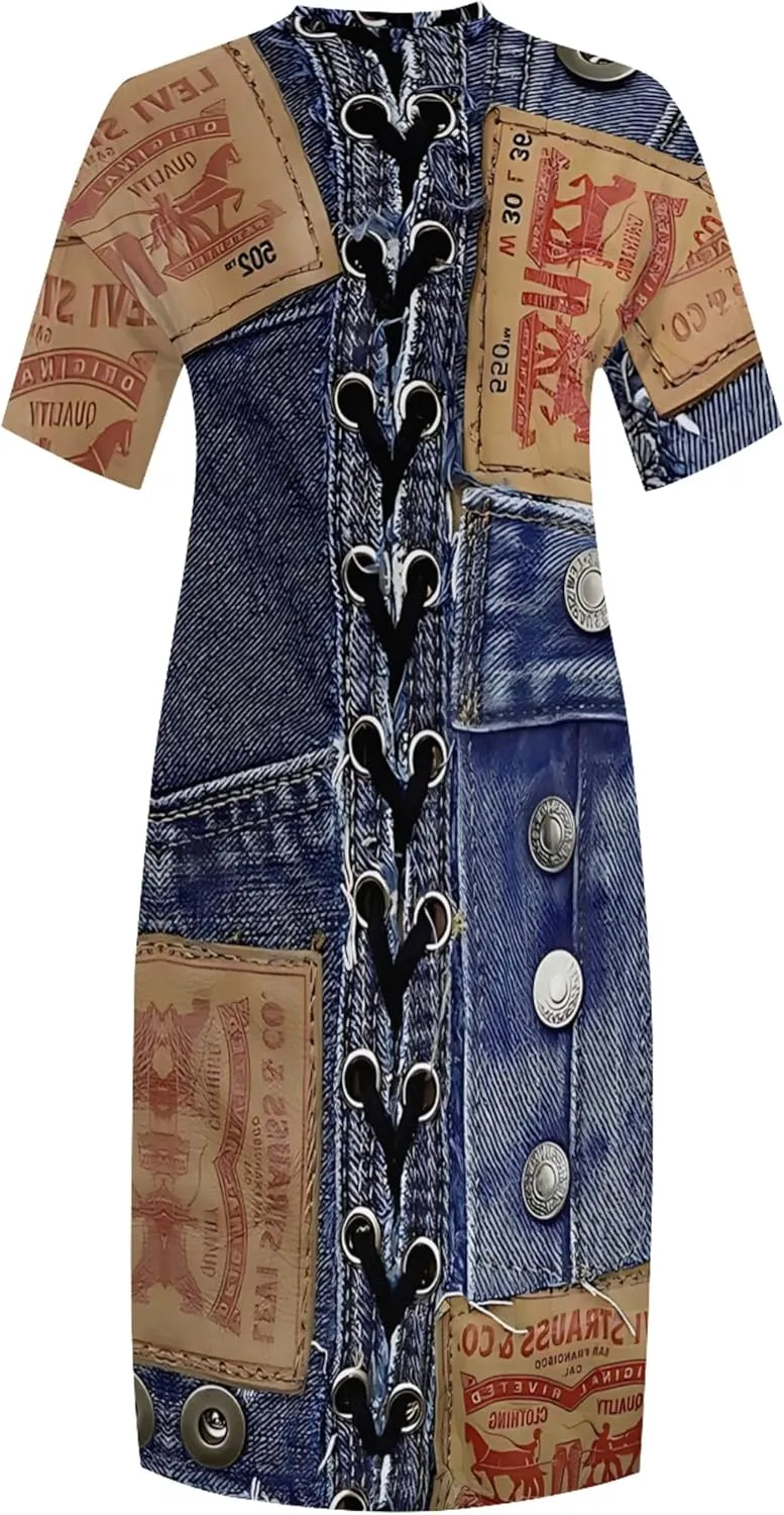 Womens Plus Size Denim 3D Print Fashion Maxi Dresses Casual Soft Tshirt Dress
