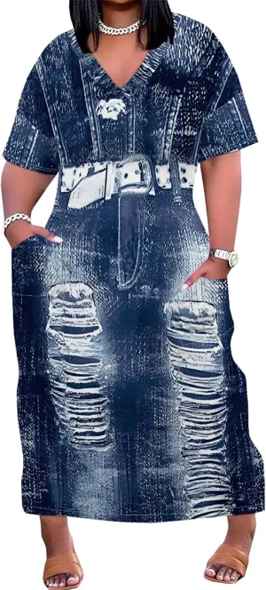 Womens Plus Size Denim 3D Print Fashion Maxi Dresses Casual Soft Tshirt Dress