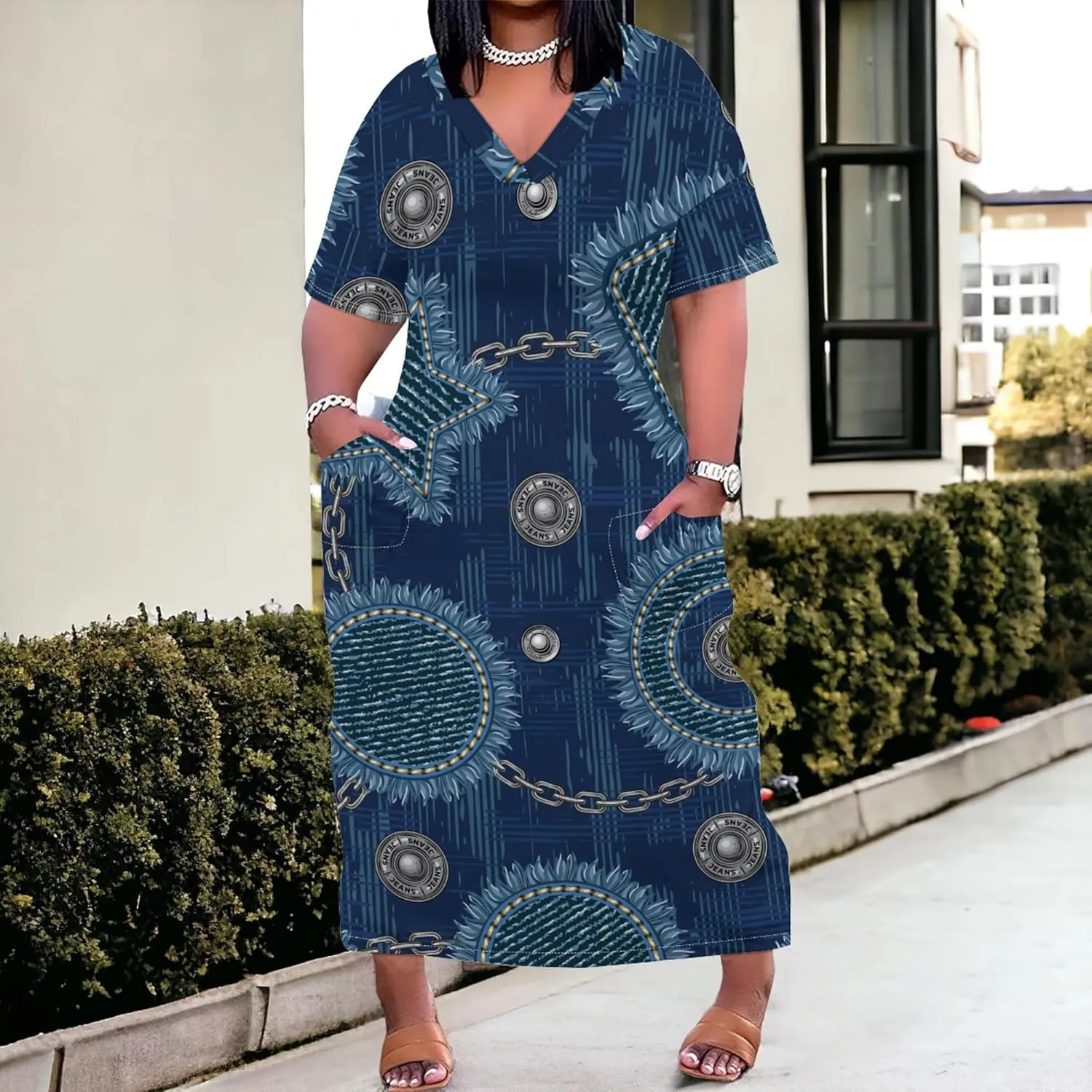 Womens Plus Size Denim 3D Print Fashion Maxi Dresses Casual Soft Tshirt Dress