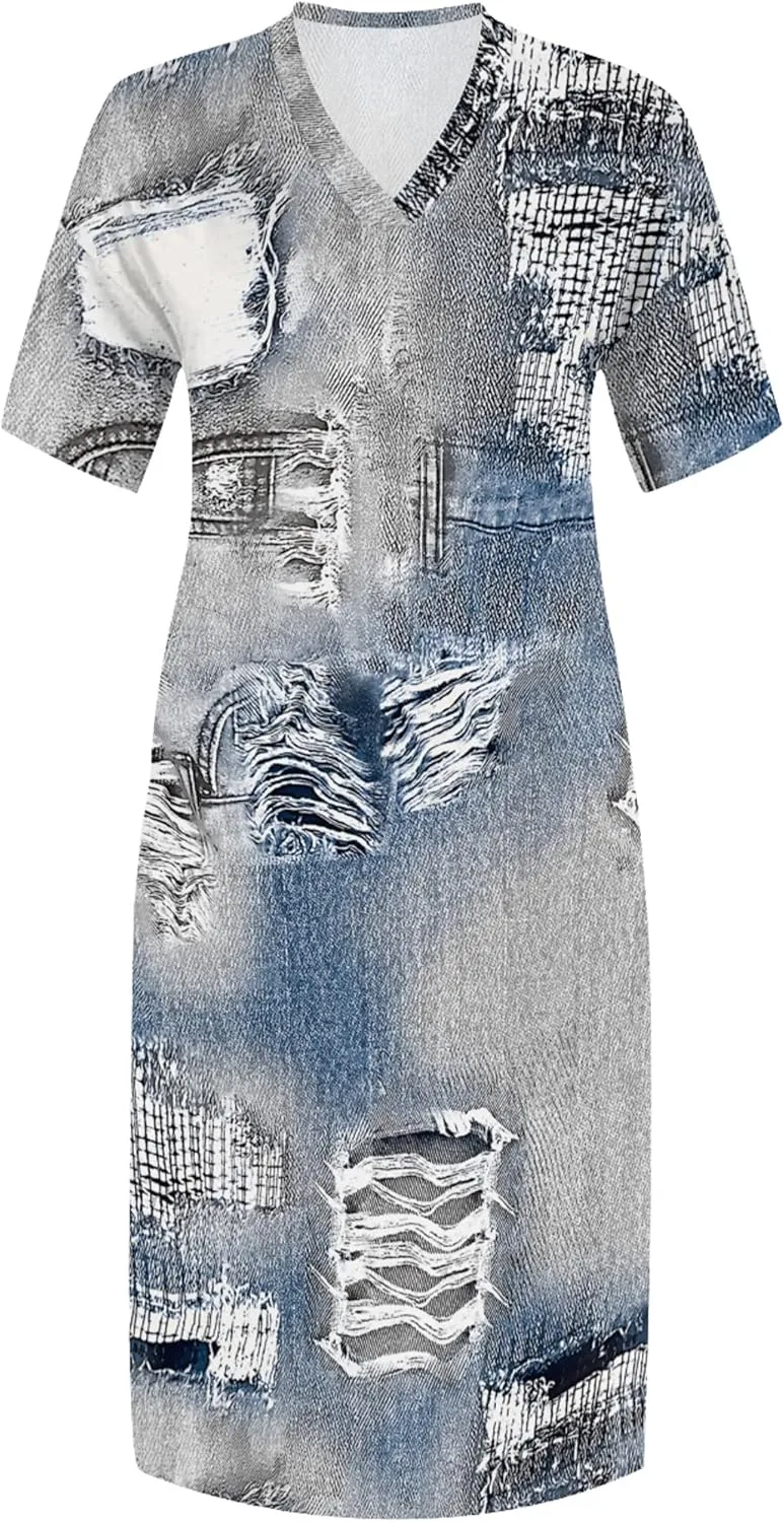 Womens Plus Size Denim 3D Print Fashion Maxi Dresses Casual Soft Tshirt Dress