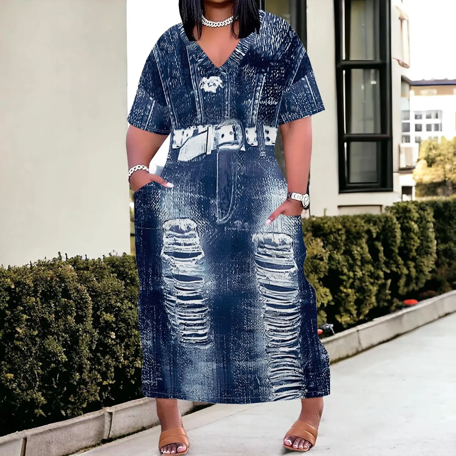 Womens Plus Size Denim 3D Print Fashion Maxi Dresses Casual Soft Tshirt Dress