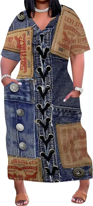 Womens Plus Size Denim 3D Print Fashion Maxi Dresses Casual Soft Tshirt Dress