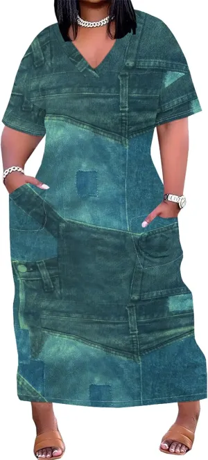 Womens Plus Size Denim 3D Print Fashion Maxi Dresses Casual Soft Tshirt Dress