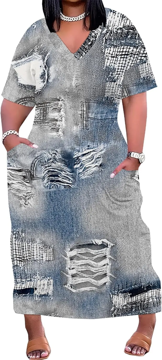 Womens Plus Size Denim 3D Print Fashion Maxi Dresses Casual Soft Tshirt Dress