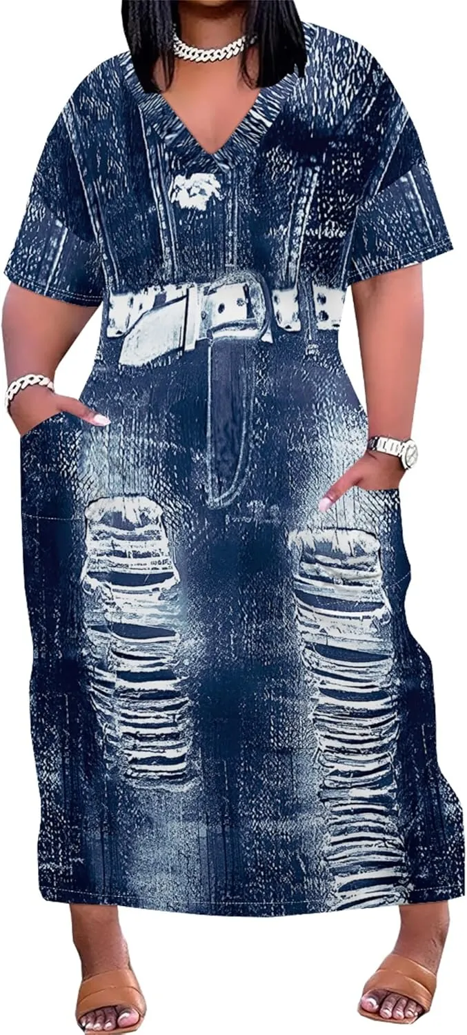 Womens Plus Size Denim 3D Print Fashion Maxi Dresses Casual Soft Tshirt Dress