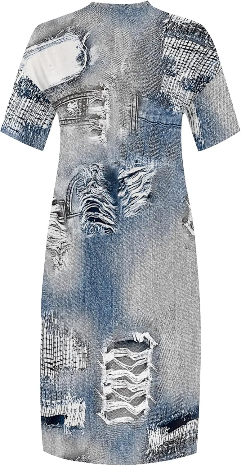 Womens Plus Size Denim 3D Print Fashion Maxi Dresses Casual Soft Tshirt Dress