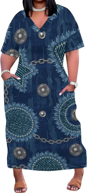 Womens Plus Size Denim 3D Print Fashion Maxi Dresses Casual Soft Tshirt Dress