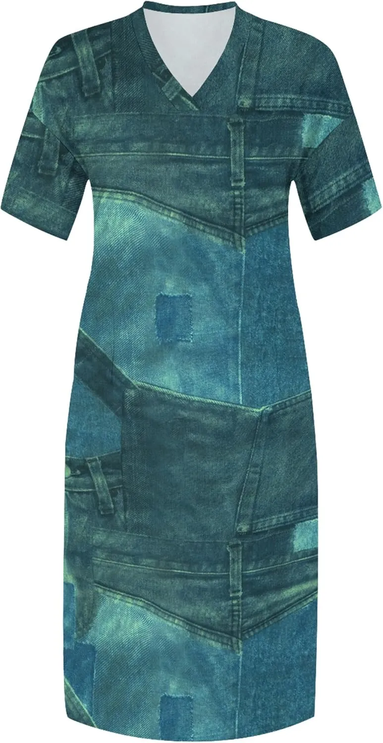 Womens Plus Size Denim 3D Print Fashion Maxi Dresses Casual Soft Tshirt Dress
