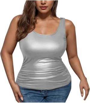 Women's Plus Size Faux Leather Slim Fit Tank Top Round Neck Sleeveless Shirts Going Out Streetwear Party Clubwear