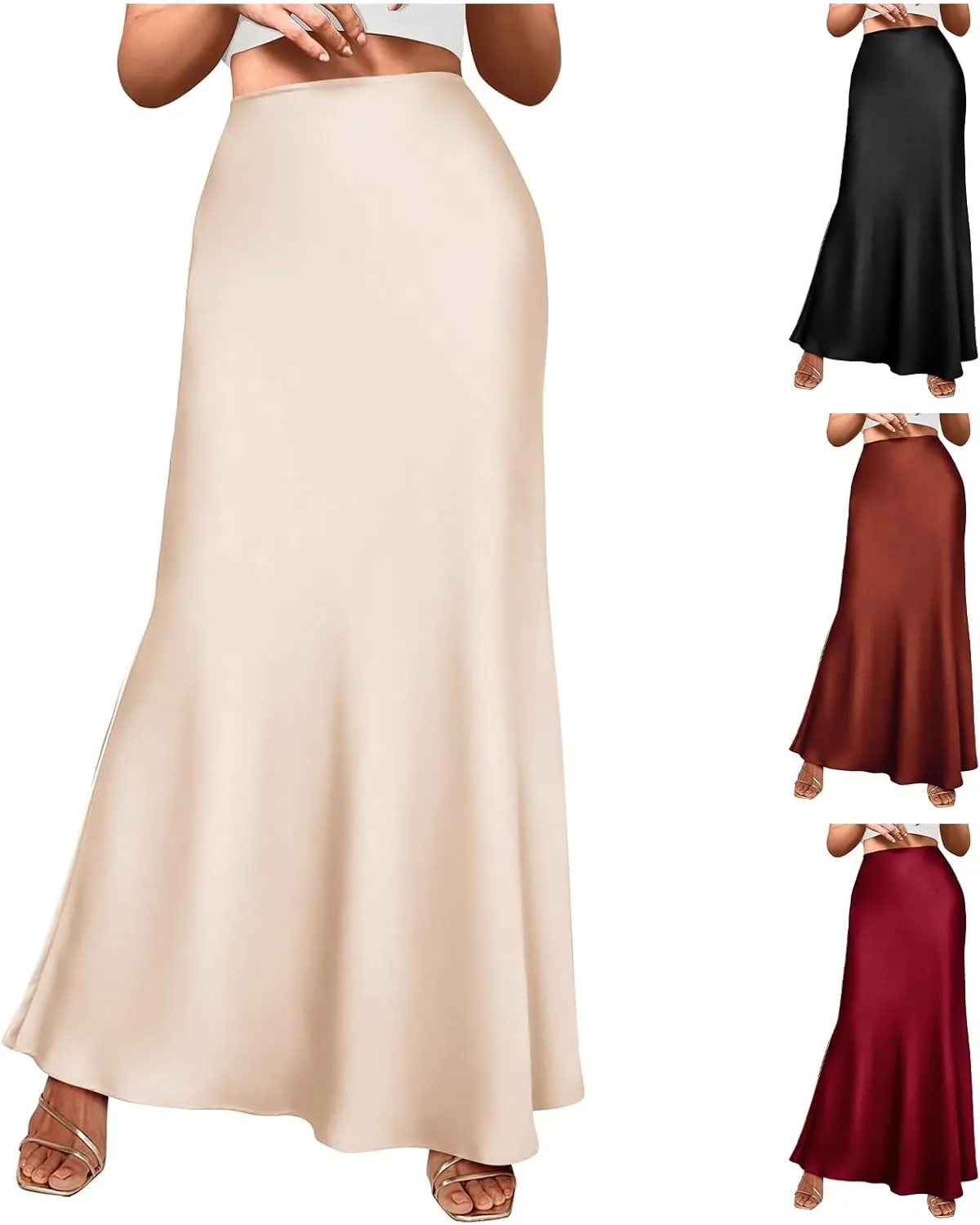 Women's Satin High Waist Skirt Silk Summer Flared A-Line Maxi Skirts Elegant Cocktail Party Wedding Skirt