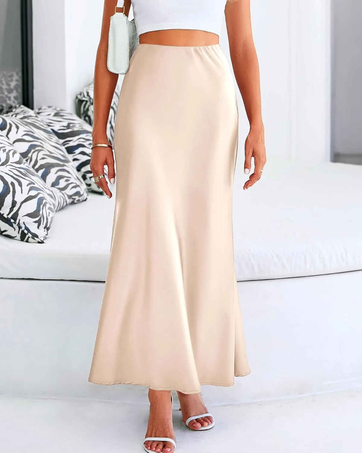 Women's Satin High Waist Skirt Silk Summer Flared A-Line Maxi Skirts Elegant Cocktail Party Wedding Skirt