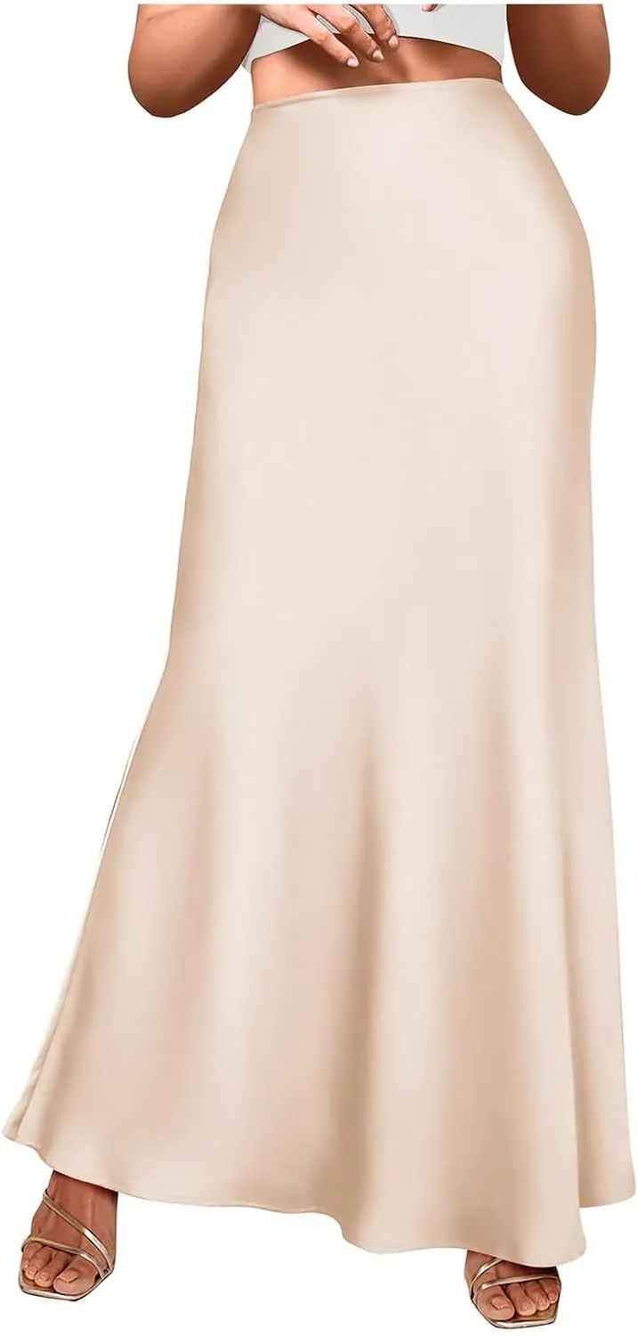 Women's Satin High Waist Skirt Silk Summer Flared A-Line Maxi Skirts Elegant Cocktail Party Wedding Skirt