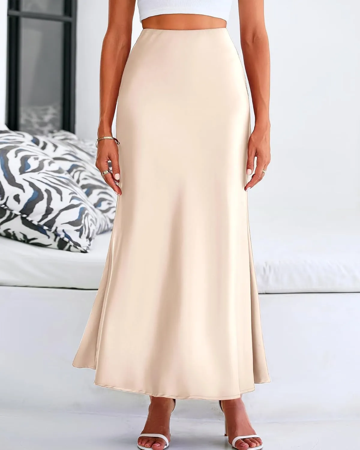Women's Satin High Waist Skirt Silk Summer Flared A-Line Maxi Skirts Elegant Cocktail Party Wedding Skirt