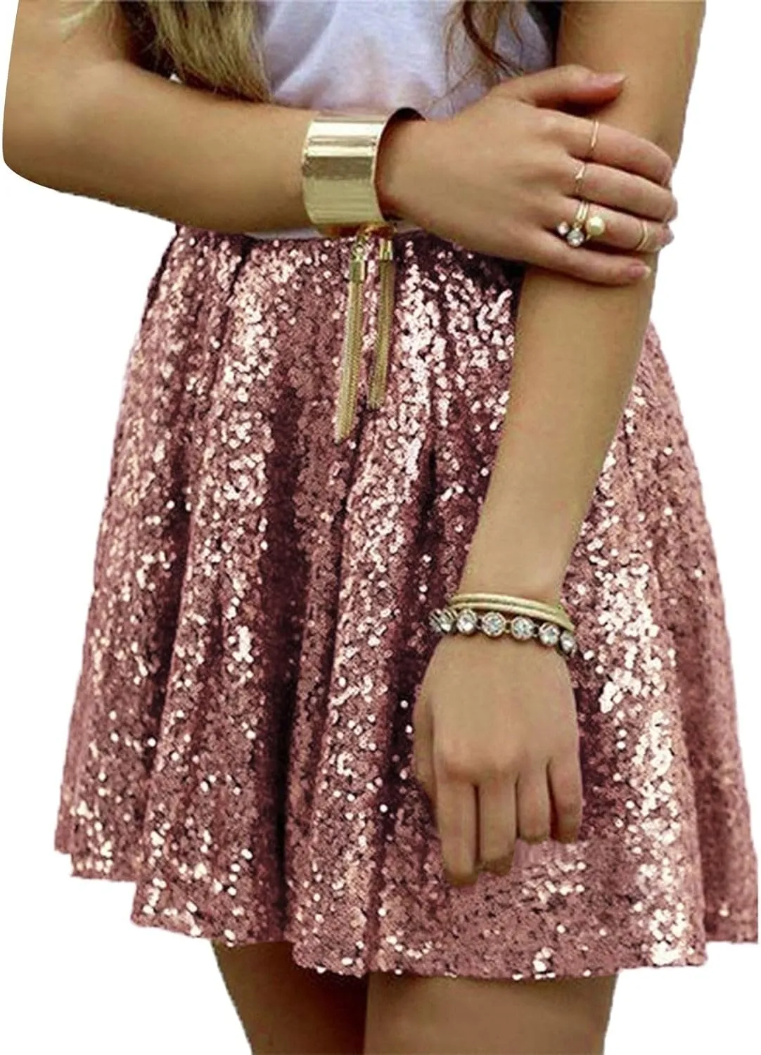 Womens Sequin Skirts Sparkly Knee Length Solid Color Flowy High Waist Sequin Bodycon Sparkly Skirt for Short Skirts