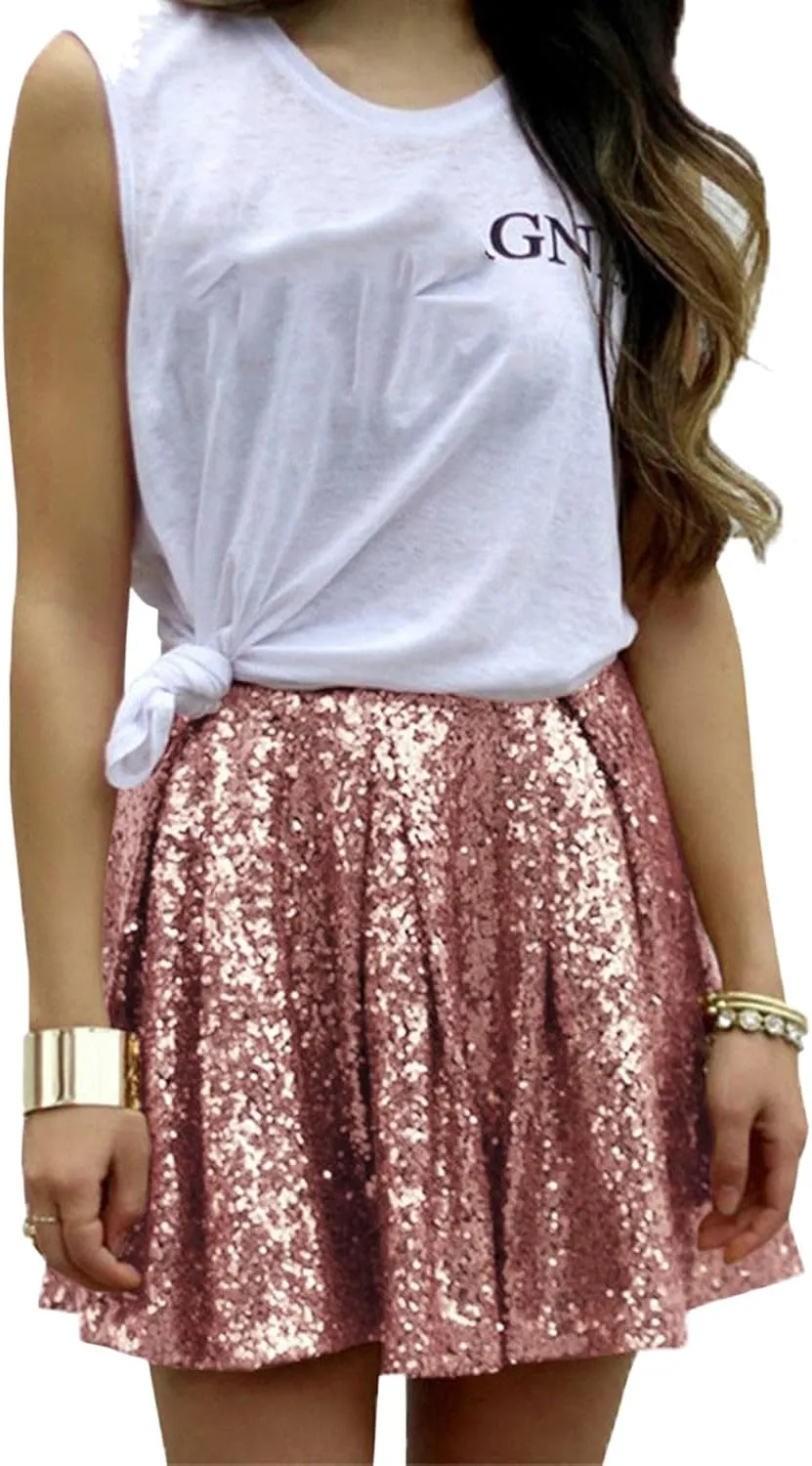Womens Sequin Skirts Sparkly Knee Length Solid Color Flowy High Waist Sequin Bodycon Sparkly Skirt for Short Skirts