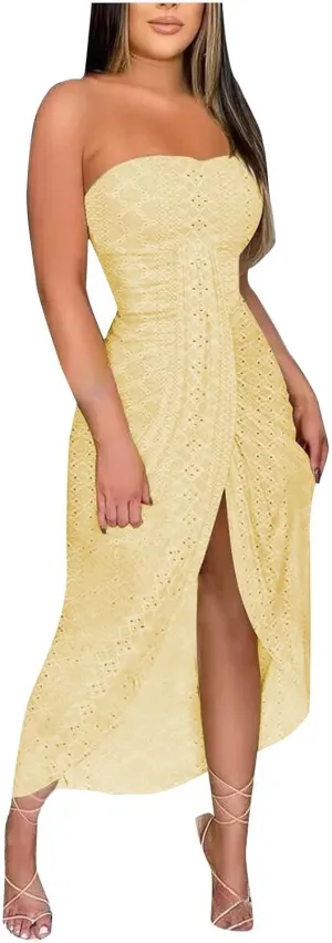 Women's Sexy Strapless Tube Long Dress Solid Color Ruched High Waist Wrap Split Asymmetrical Beach Maxi Long Dresses