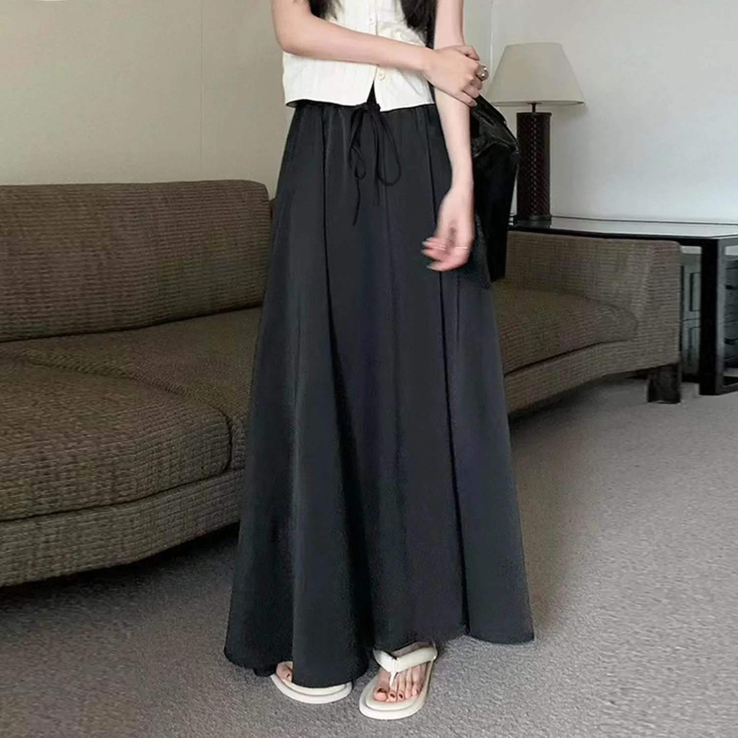 Women's Silk Satin Long Skirt, High Waisted Tie Drawstring A-Line Skirts Summer Going Out Casual Trendy Clothes