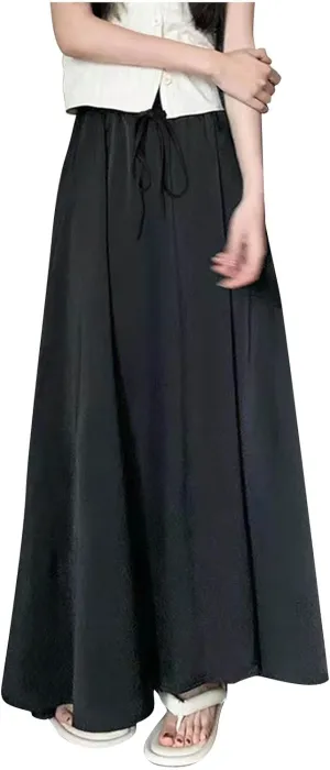 Women's Silk Satin Long Skirt, High Waisted Tie Drawstring A-Line Skirts Summer Going Out Casual Trendy Clothes