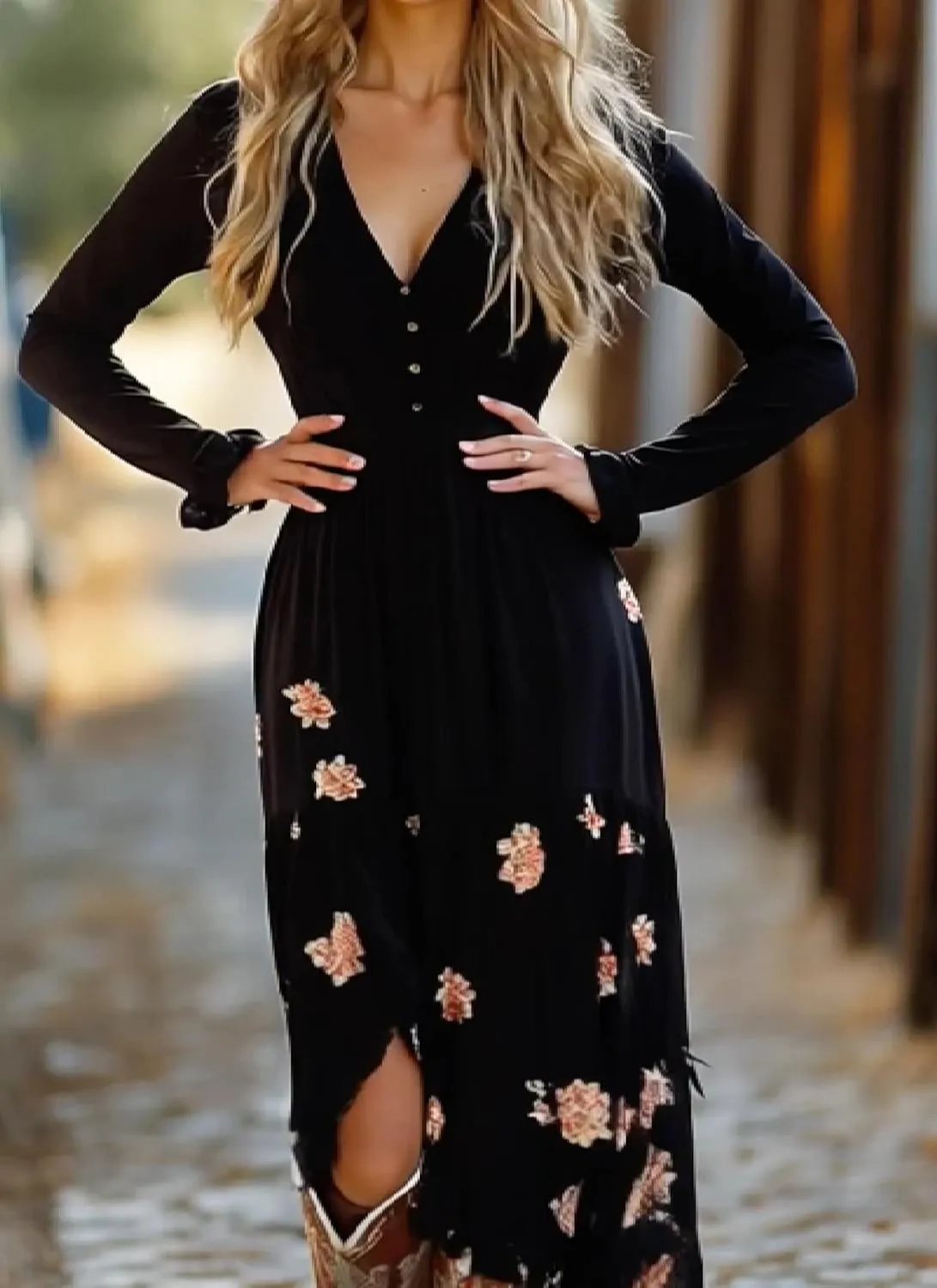 Women's Spring Floral Boho Maxi Dress Casual Pleated Long Sleeve Dresses Flowy V Neck Garden Party Outfits with Button