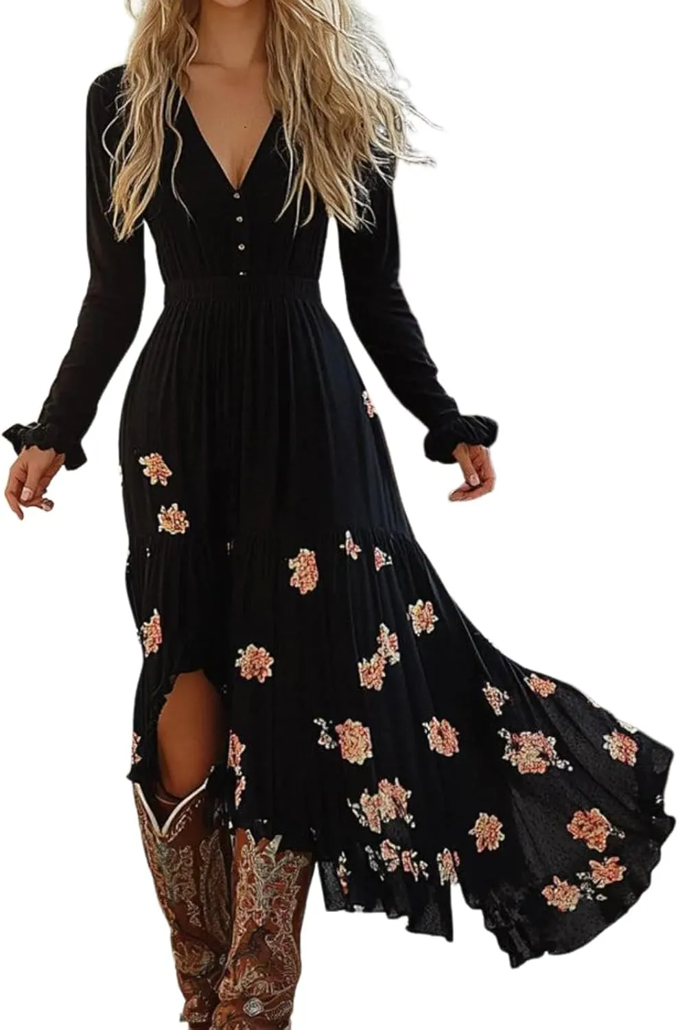 Women's Spring Floral Boho Maxi Dress Casual Pleated Long Sleeve Dresses Flowy V Neck Garden Party Outfits with Button