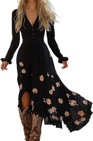 Women's Spring Floral Boho Maxi Dress Casual Pleated Long Sleeve Dresses Flowy V Neck Garden Party Outfits with Button