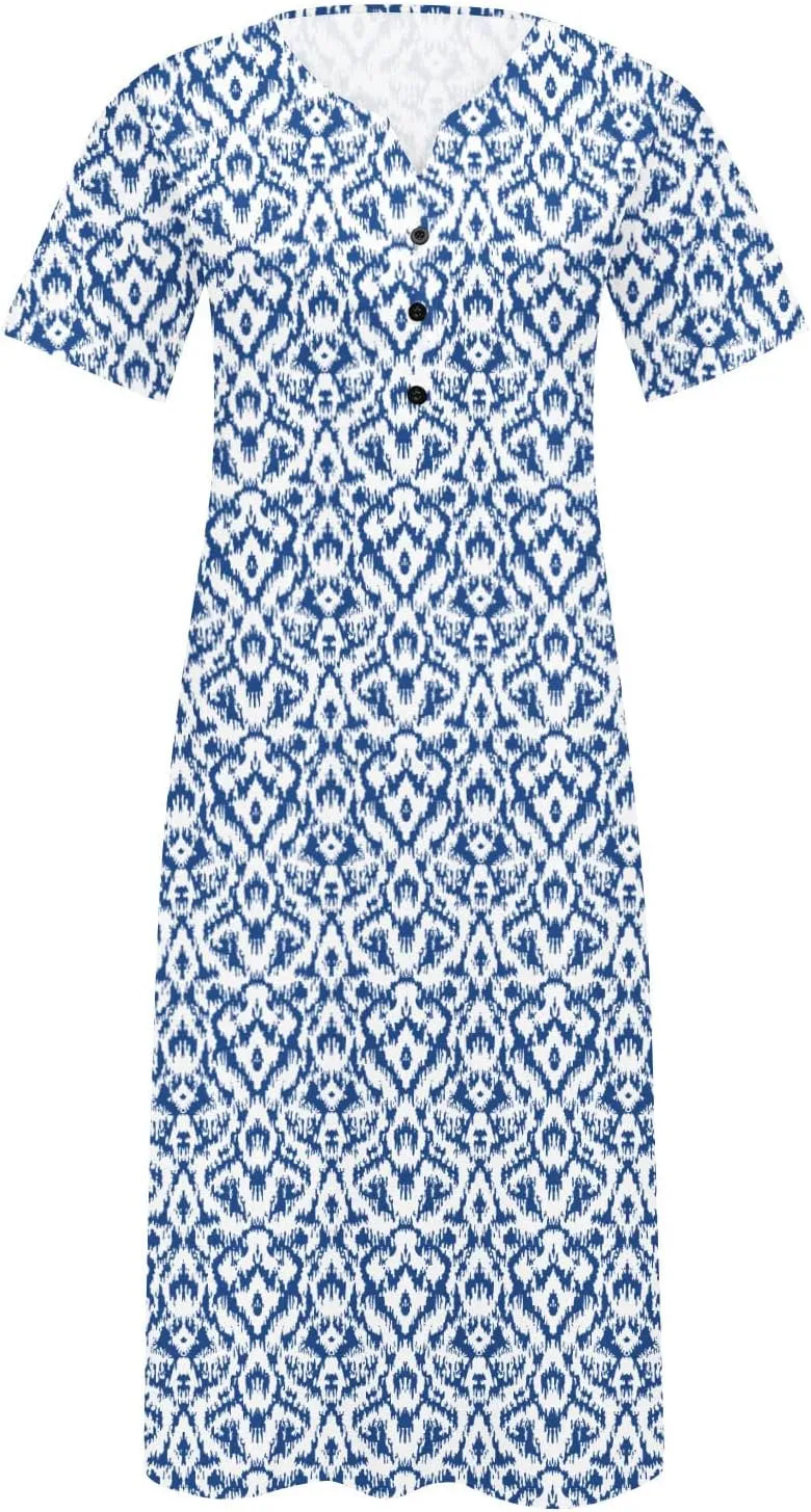 Womens Summer Boho Dress Casual Button V Neck Short Sleeve Dresses Flowy Beach Midi Dress Vacation Outfits Sundress