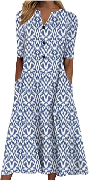 Womens Summer Boho Dress Casual Button V Neck Short Sleeve Dresses Flowy Beach Midi Dress Vacation Outfits Sundress