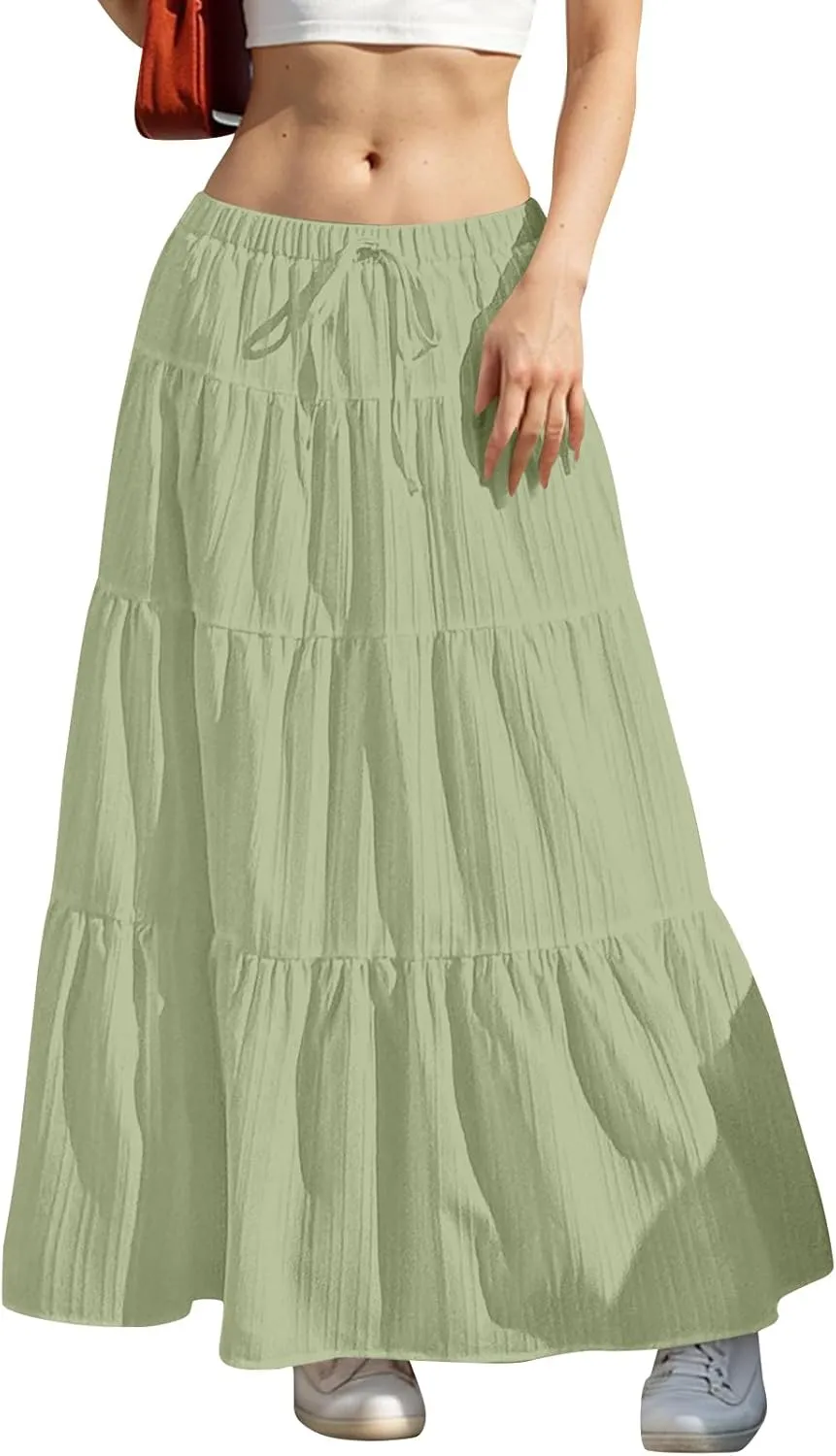 Womens Summer Boho Flowy Swing Tiered A-Line Maxi Skirt 2025 Trendy Elastic Waist Tie Ruffle Pleated Beach Dress