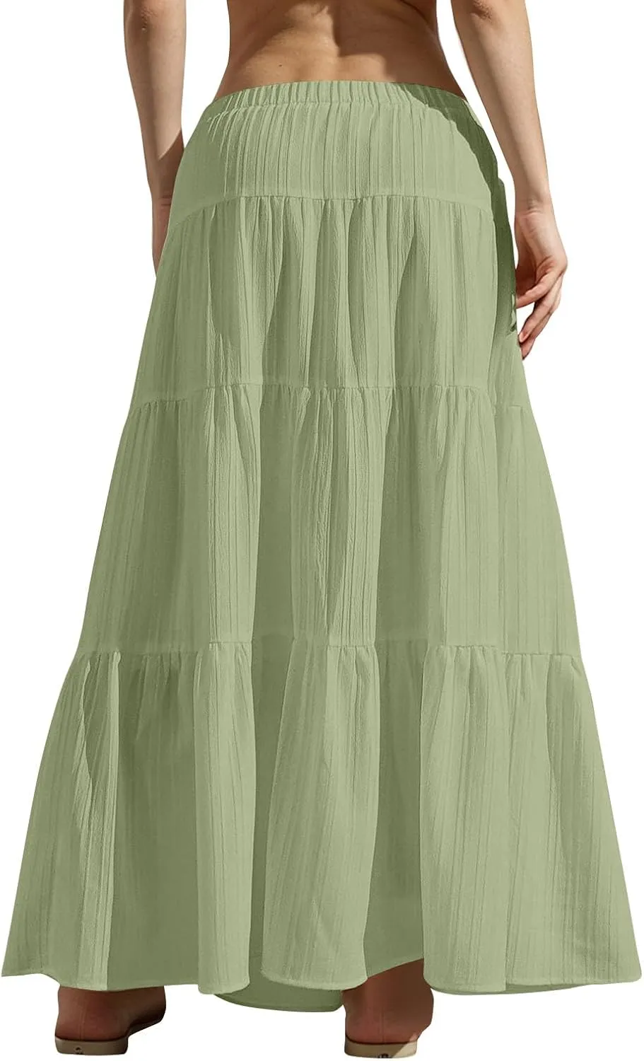 Womens Summer Boho Flowy Swing Tiered A-Line Maxi Skirt 2025 Trendy Elastic Waist Tie Ruffle Pleated Beach Dress