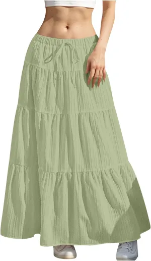 Womens Summer Boho Flowy Swing Tiered A-Line Maxi Skirt 2025 Trendy Elastic Waist Tie Ruffle Pleated Beach Dress
