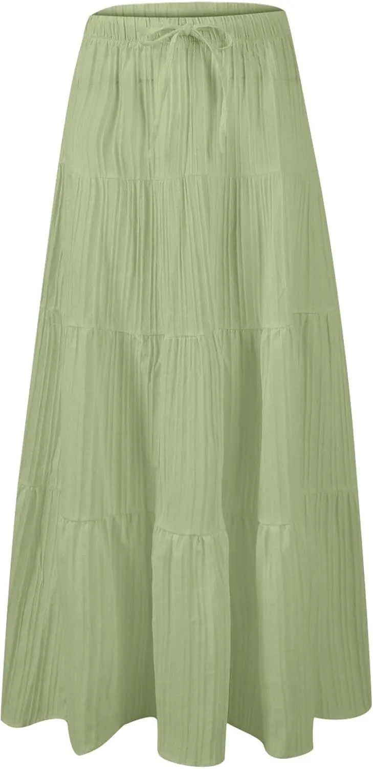 Womens Summer Boho Flowy Swing Tiered A-Line Maxi Skirt 2025 Trendy Elastic Waist Tie Ruffle Pleated Beach Dress