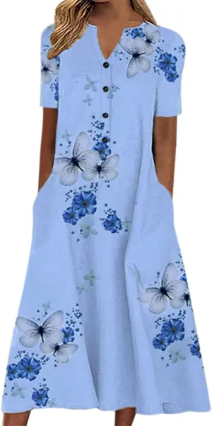 Womens Summer Dress Casual Floral Print Midi Dress Button V Neck Short Sleeve Dresses Flowy Boho Beach Party Sundress