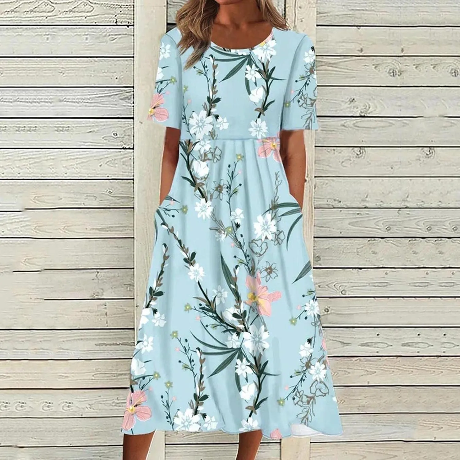 Womens Summer Dress Casual Floral Print Midi Dress Button V Neck Short Sleeve Dresses Flowy Boho Beach Party Sundress