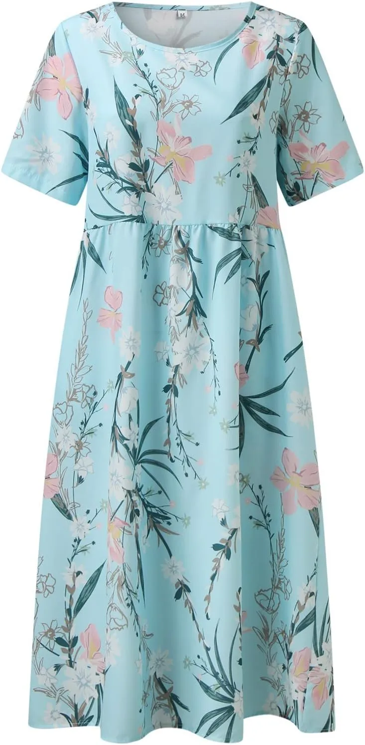 Womens Summer Dress Casual Floral Print Midi Dress Button V Neck Short Sleeve Dresses Flowy Boho Beach Party Sundress