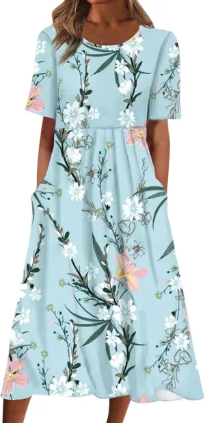 Womens Summer Dress Casual Floral Print Midi Dress Button V Neck Short Sleeve Dresses Flowy Boho Beach Party Sundress