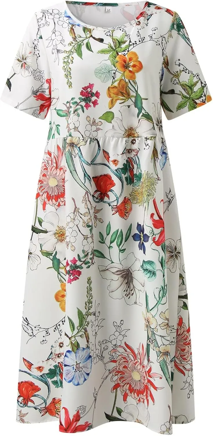 Womens Summer Dress Casual Floral Print Midi Dress Button V Neck Short Sleeve Dresses Flowy Boho Beach Party Sundress