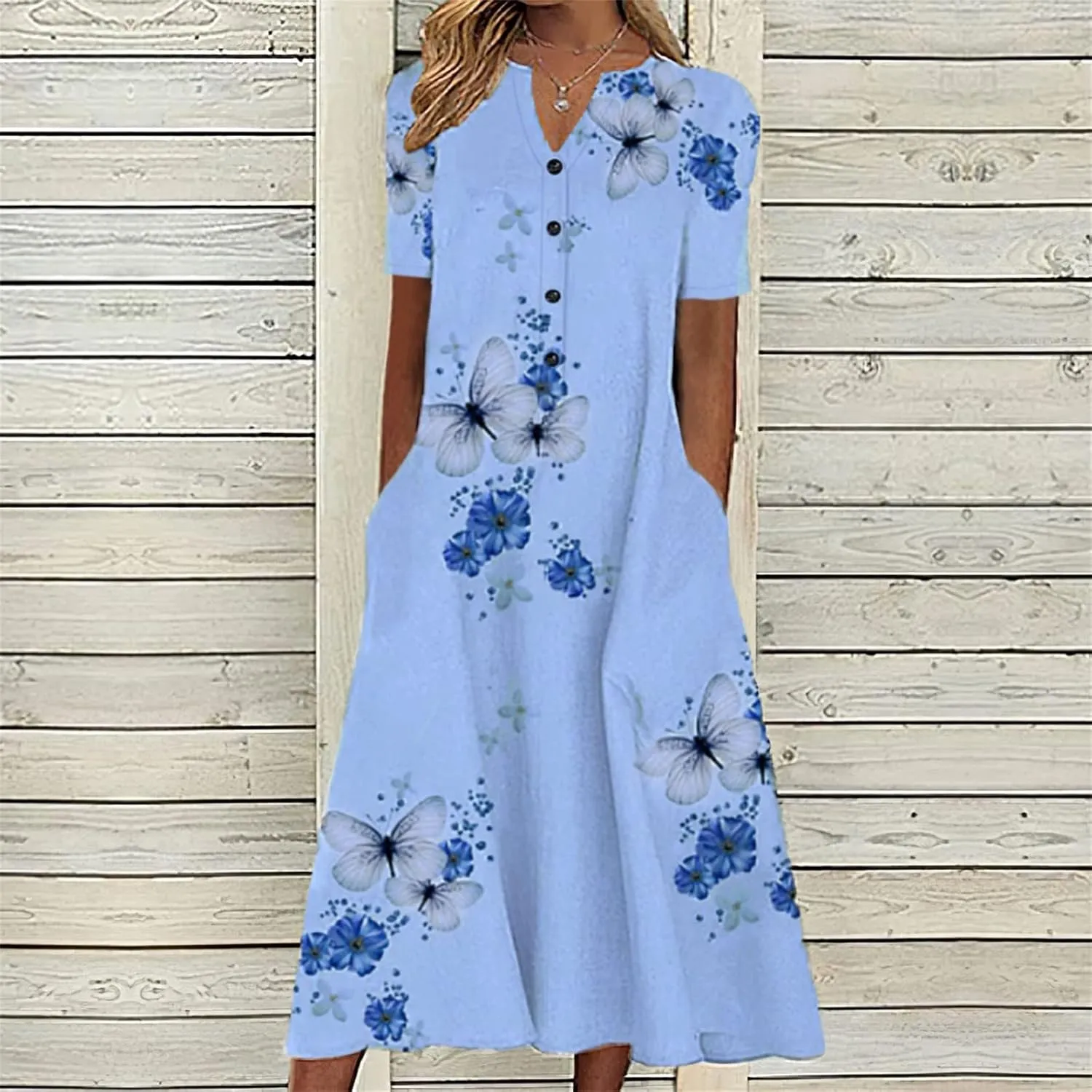 Womens Summer Dress Casual Floral Print Midi Dress Button V Neck Short Sleeve Dresses Flowy Boho Beach Party Sundress