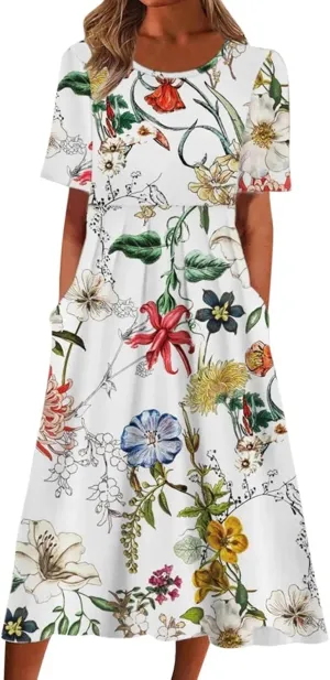 Womens Summer Dress Casual Floral Print Midi Dress Button V Neck Short Sleeve Dresses Flowy Boho Beach Party Sundress