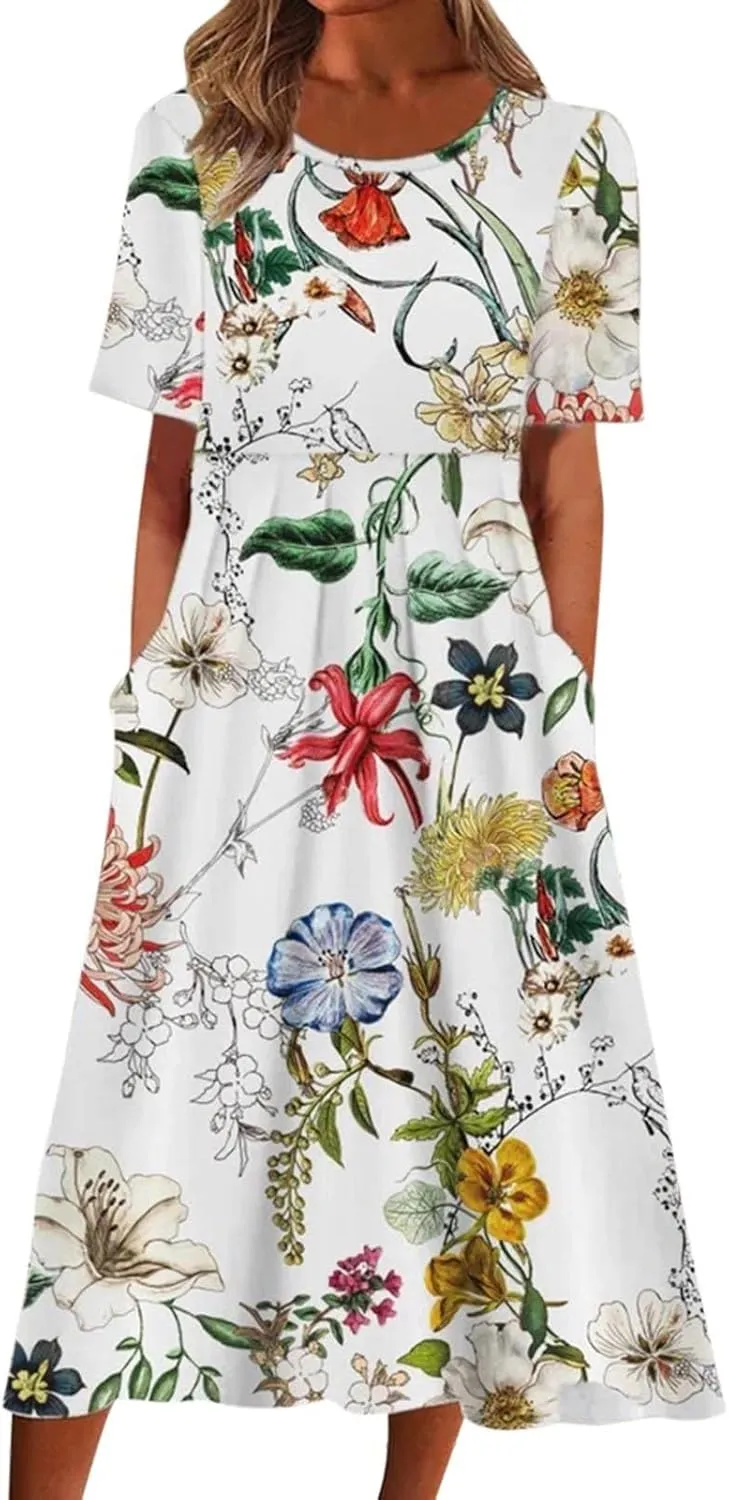 Womens Summer Dress Casual Floral Print Midi Dress Button V Neck Short Sleeve Dresses Flowy Boho Beach Party Sundress