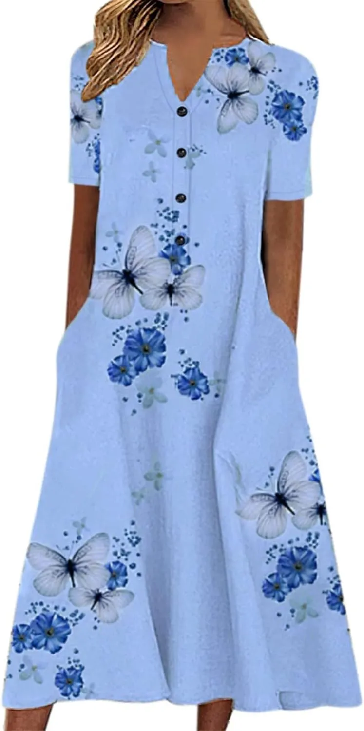 Womens Summer Dress Casual Floral Print Midi Dress Button V Neck Short Sleeve Dresses Flowy Boho Beach Party Sundress