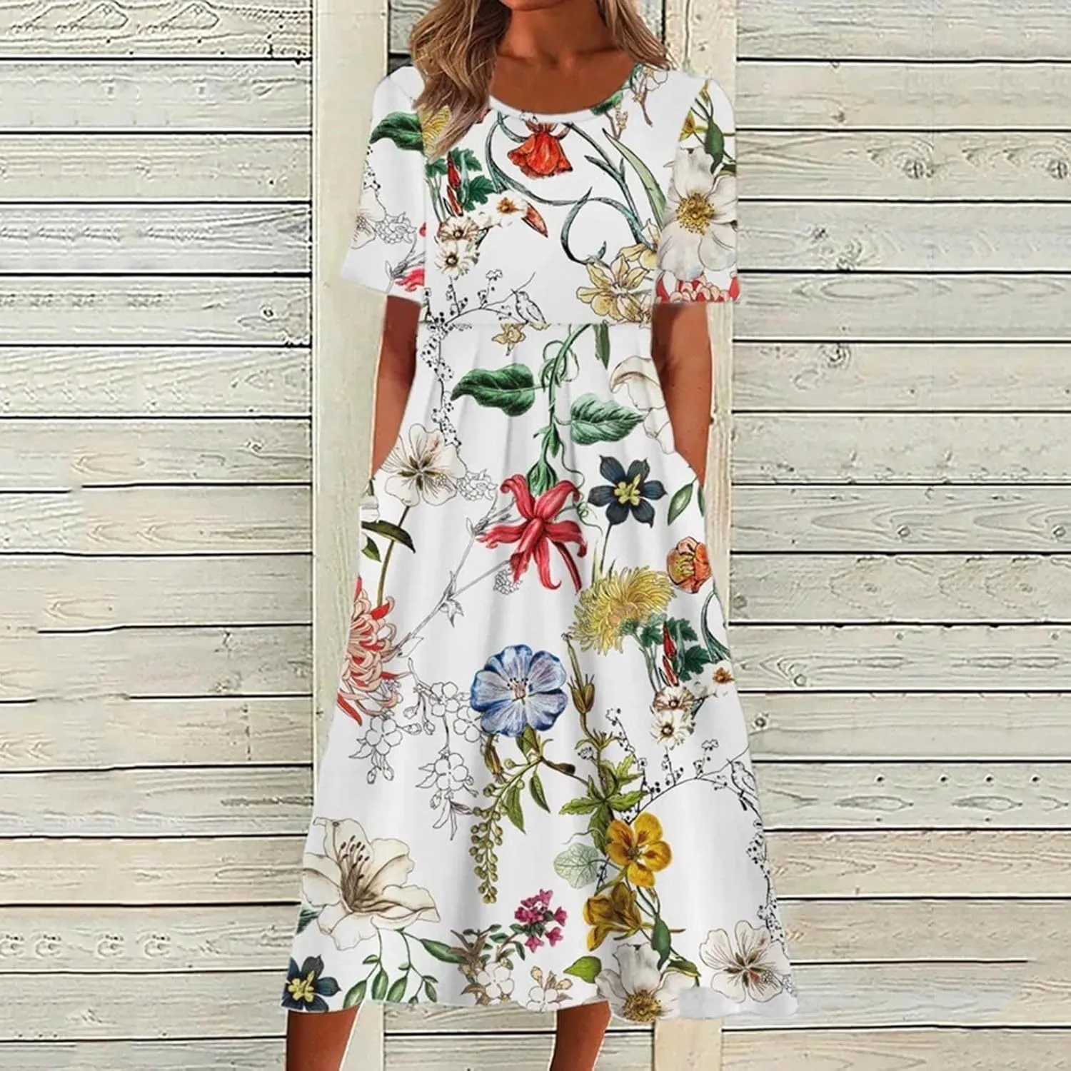 Womens Summer Dress Casual Floral Print Midi Dress Button V Neck Short Sleeve Dresses Flowy Boho Beach Party Sundress