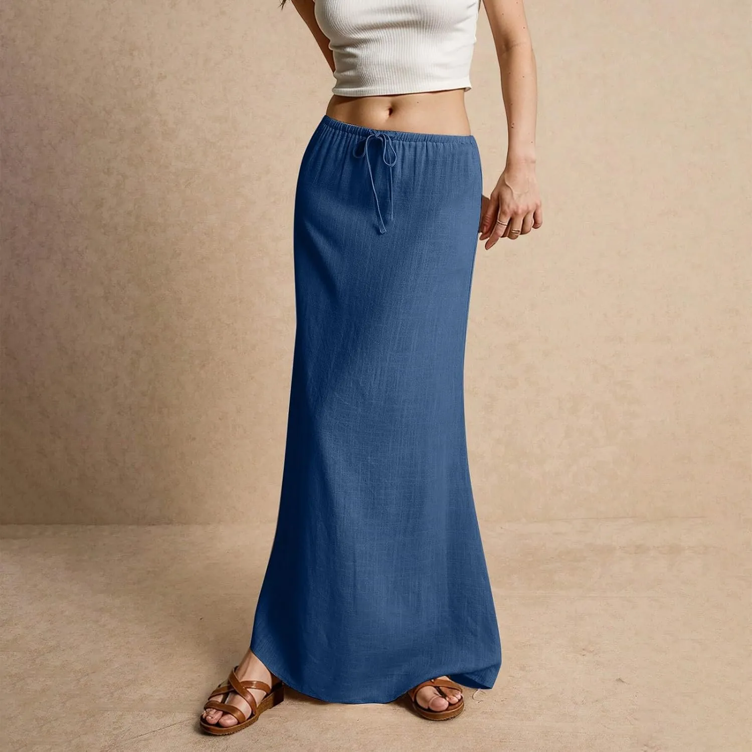 Women's Summer Maxi Linen Skirt Elastic Low Waist Drawstring A-Line Casual Skirts Boho Flowy Beach Long Skirts