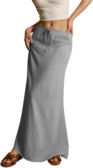 Women's Summer Maxi Linen Skirt Elastic Low Waist Drawstring A-Line Casual Skirts Boho Flowy Beach Long Skirts