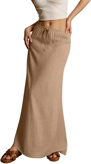Women's Summer Maxi Linen Skirt Elastic Low Waist Drawstring A-Line Casual Skirts Boho Flowy Beach Long Skirts