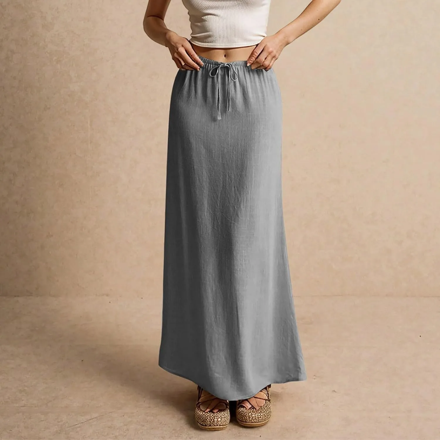 Women's Summer Maxi Linen Skirt Elastic Low Waist Drawstring A-Line Casual Skirts Boho Flowy Beach Long Skirts