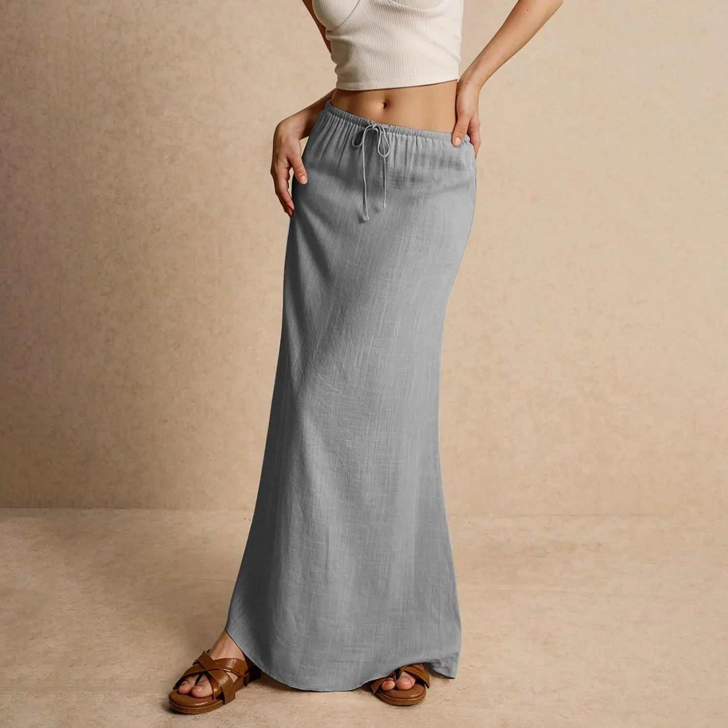 Women's Summer Maxi Linen Skirt Elastic Low Waist Drawstring A-Line Casual Skirts Boho Flowy Beach Long Skirts
