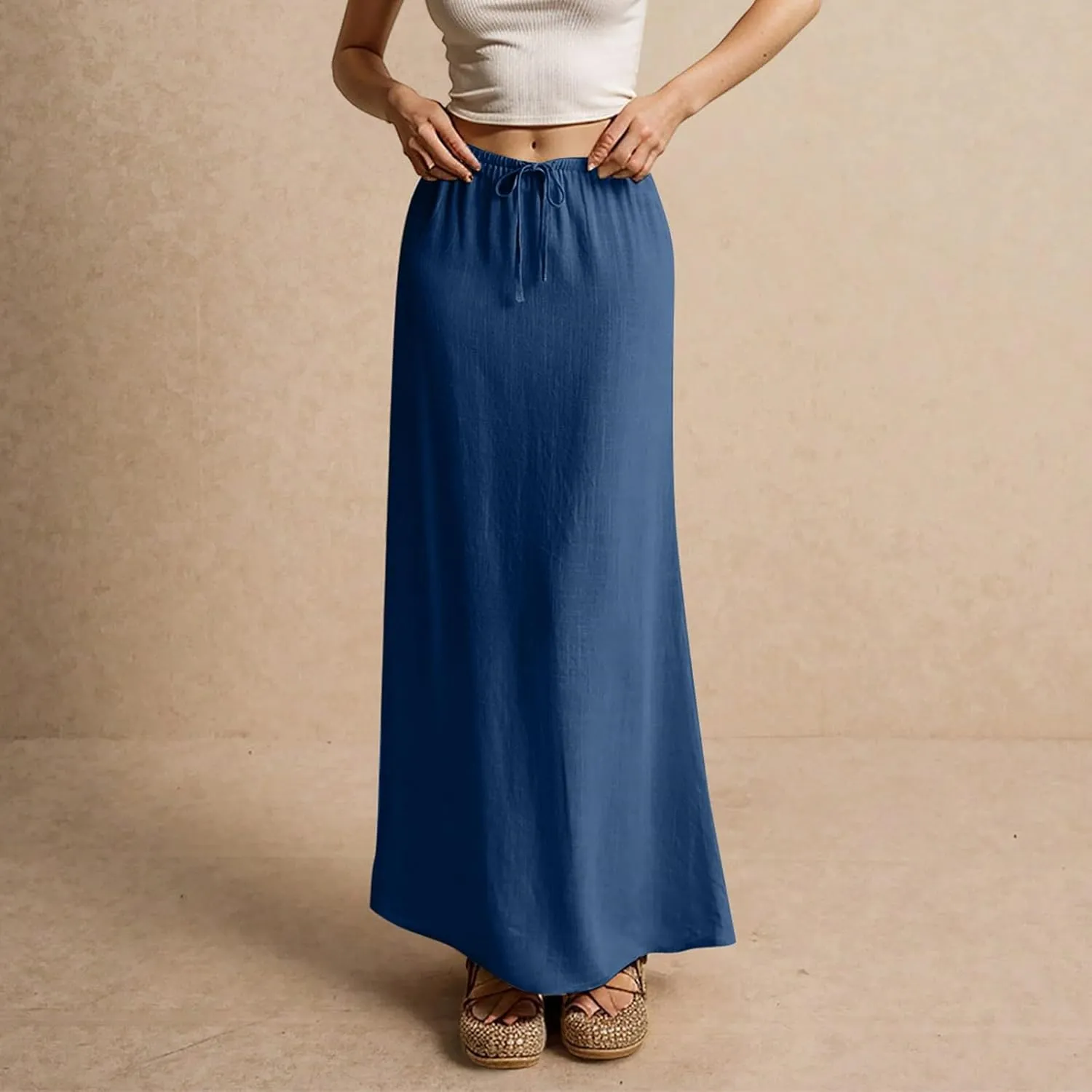 Women's Summer Maxi Linen Skirt Elastic Low Waist Drawstring A-Line Casual Skirts Boho Flowy Beach Long Skirts