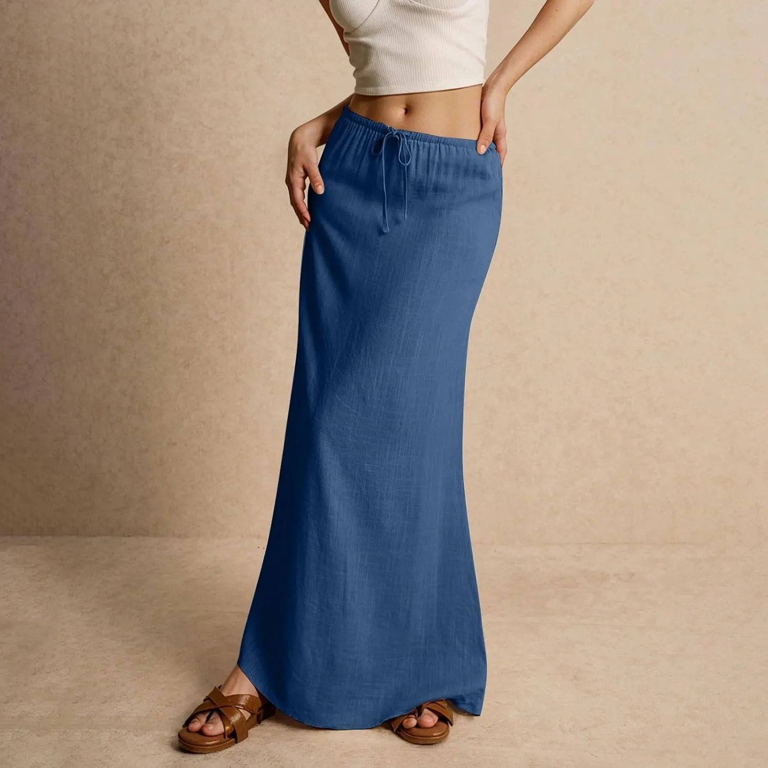 Women's Summer Maxi Linen Skirt Elastic Low Waist Drawstring A-Line Casual Skirts Boho Flowy Beach Long Skirts
